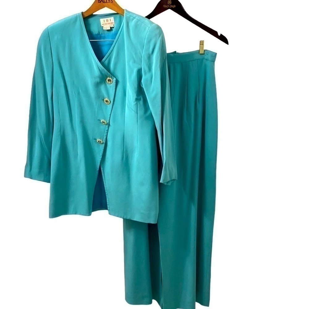 ISI turquoise blue 💯 silk pantsuit. Tunic jacket wide leg palazzo pant. Size 6.